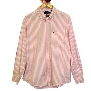 Tommy Hilfiger button down pink white stripe 80s two ply cotton shirt size large